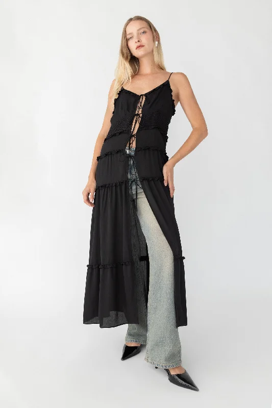 SHEER TIE-FRONT TIERED MIDI DRESS