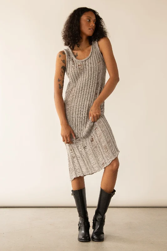 SLEEVELESS RIB-KNIT DISTRESSED MIDI DRESS