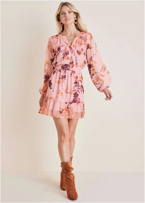 Long Sleeve Floral Mini Dress - Winter Floral