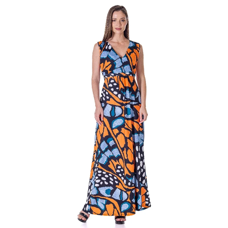 24seven Comfort Apparel Womens Print V Neck Tie Back Empire Waist Sleeveless Maxi Dress