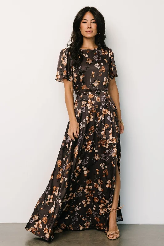 Agnes Satin Maxi Dress | Brown Floral