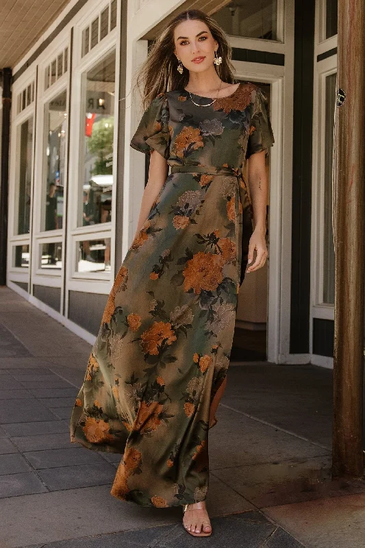 Agnes Satin Maxi Dress | Olive Floral