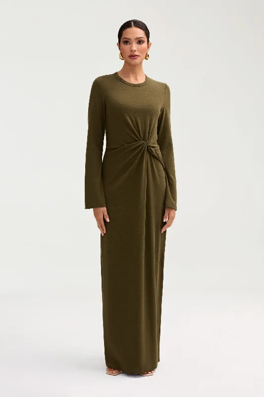 Aissia Ribbed Twist Front Maxi Dress - Olive Night