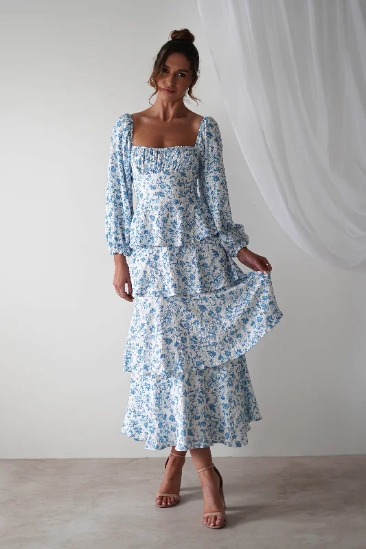 Amelie Floral Print Maxi Dress | Blue/White