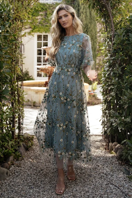 Arabella Embroidered Tulle Maxi Dress | Dusty Blue Floral