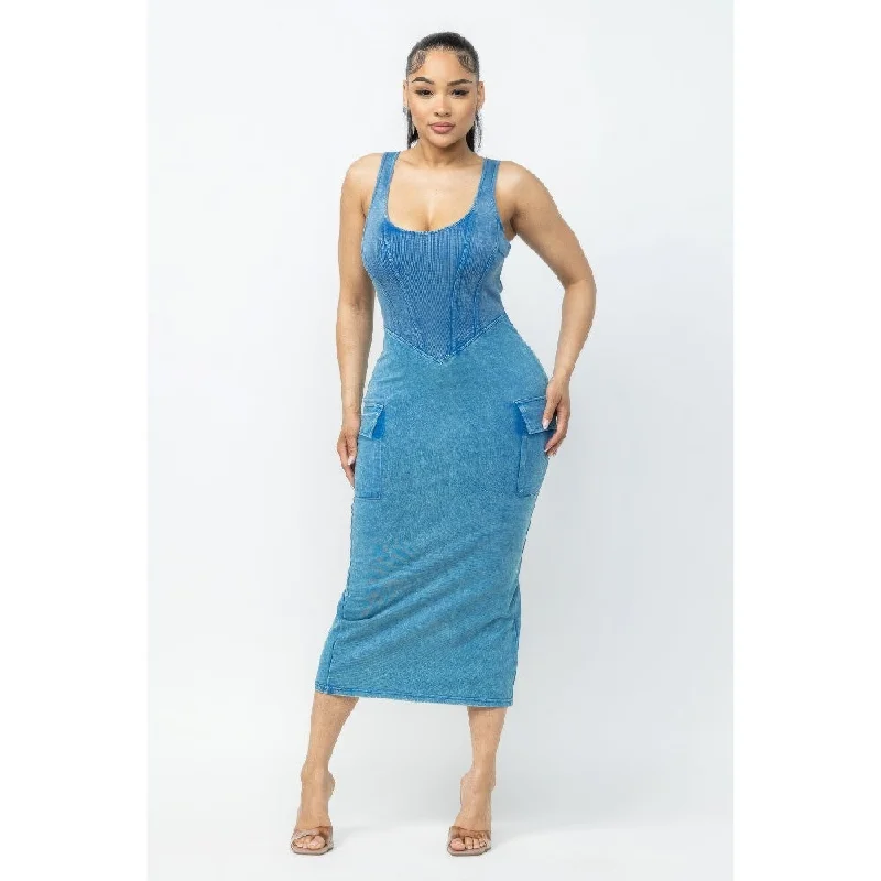 Blue Acid Washed Cargo Midi Dress Perfect for Any Occasion