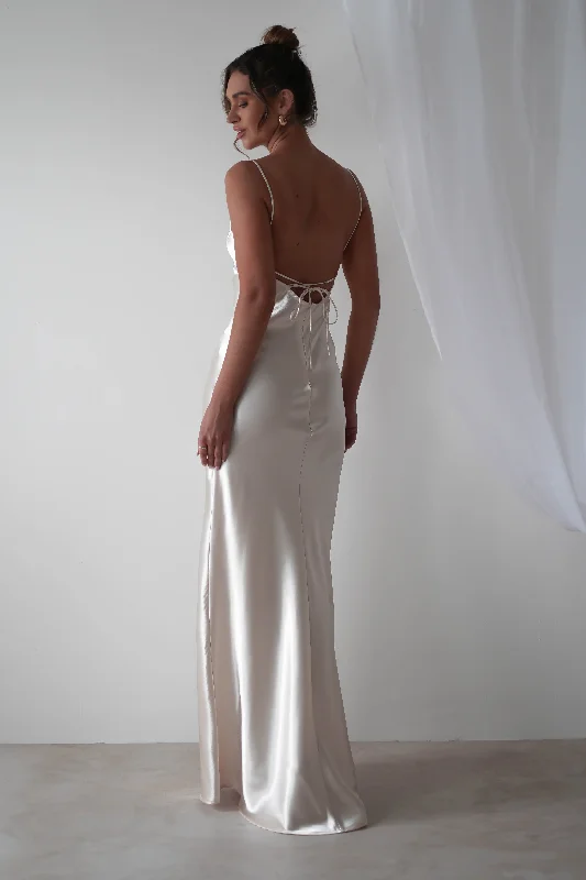 Celinee Satin Maxi Gown | Pearl/Champagne