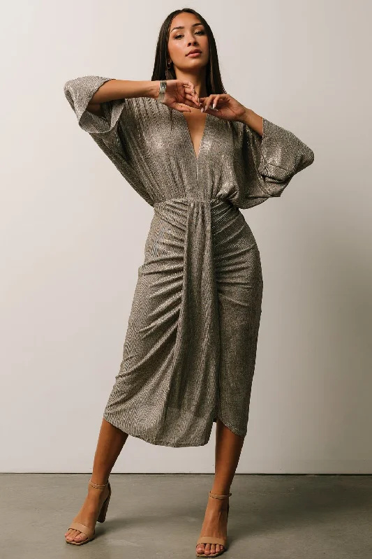 Ciara Ruched Midi Dress | Silver Metallic