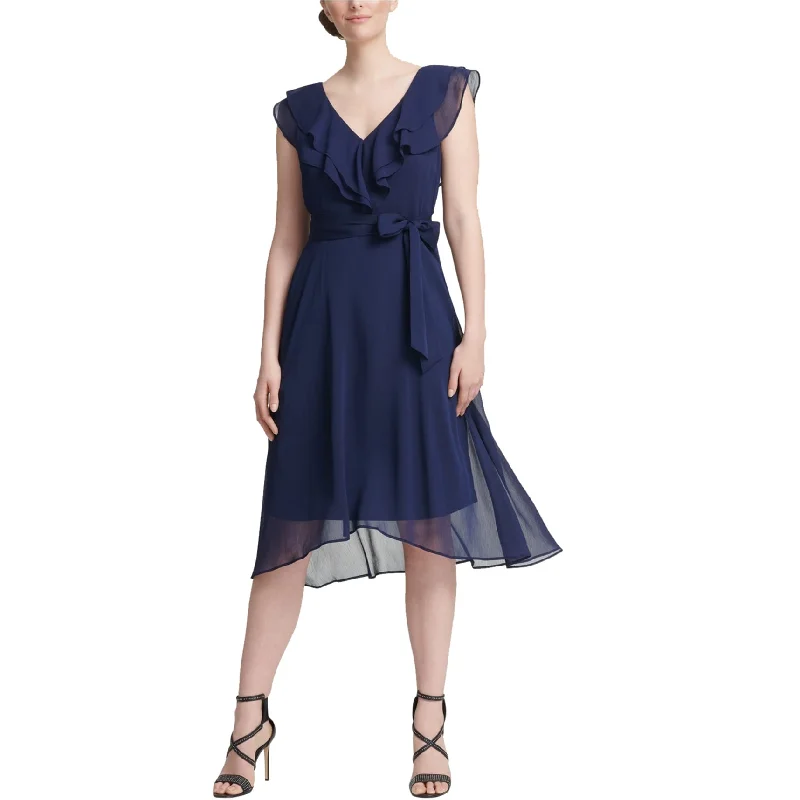 DKNY Womens Ruffle Midi Dress, Blue, 16