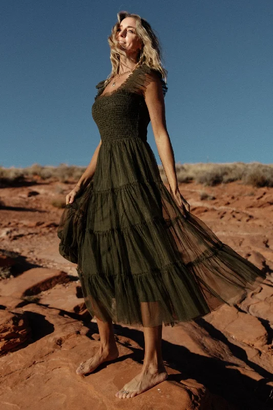 Emma Smocked Tulle Dress | Dark Olive