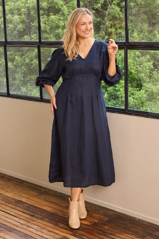 Farrah Long Sleeve Linen Dress in Navy