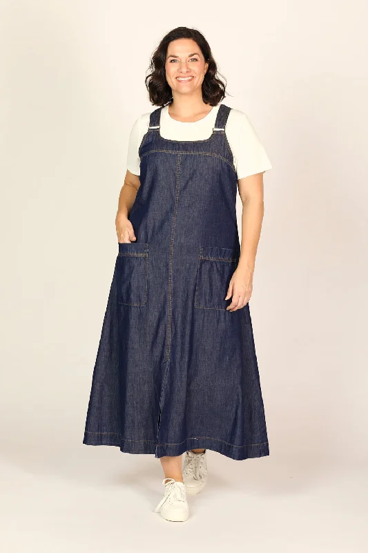 Francesca Chambray Pinafore Dress in Dark Wash