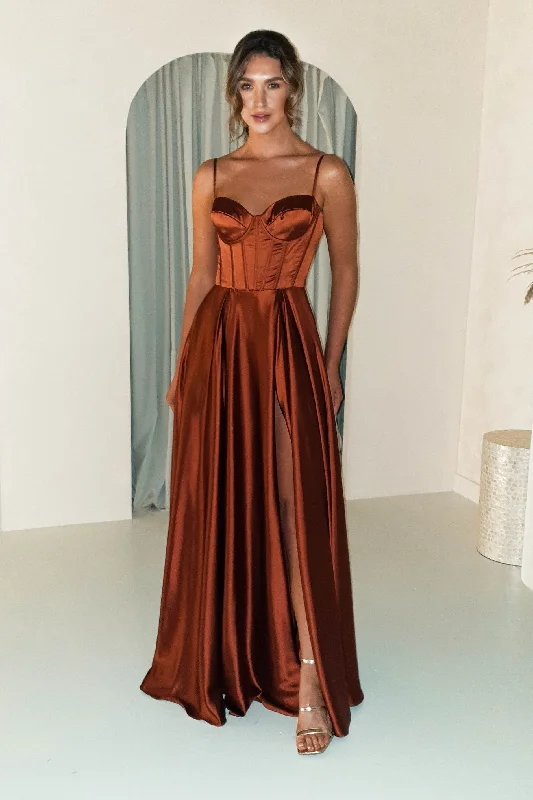 Georgia Soft Satin Maxi Gown | Rust