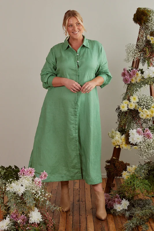 Gracie Long Sleeve Linen Dress in Jadesheen