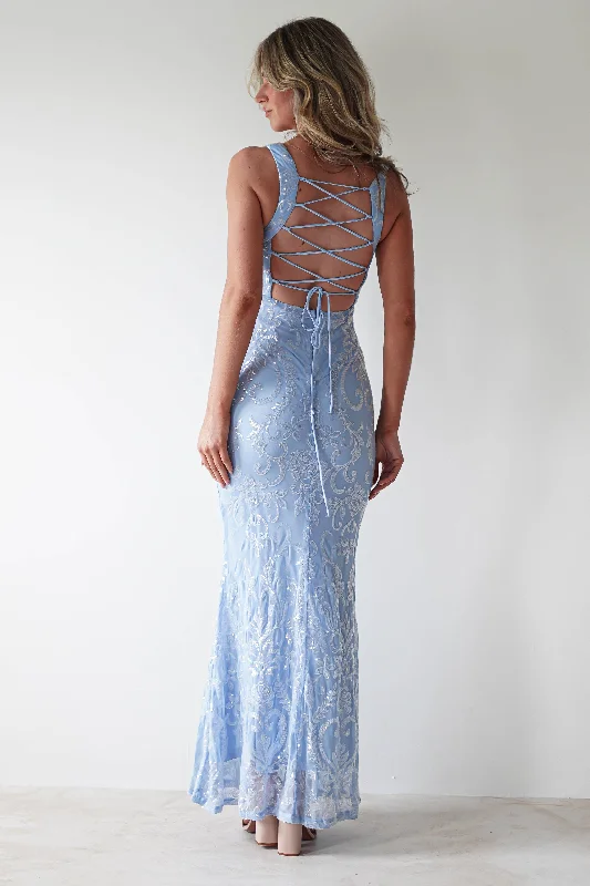 Halo Square Neck Sequin Maxi Gown | Blue