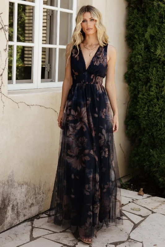 Kamila Tulle Maxi Dress | Dark Blue Floral