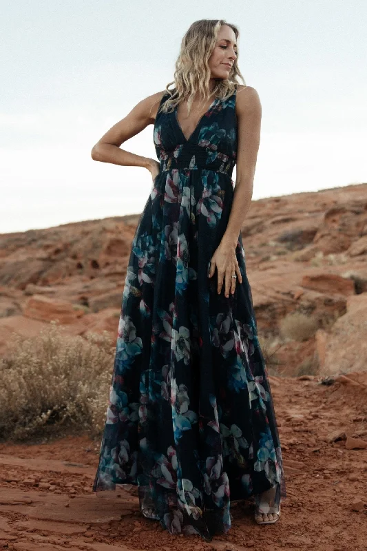 Kamila Tulle Maxi Dress | Navy Abstract Floral