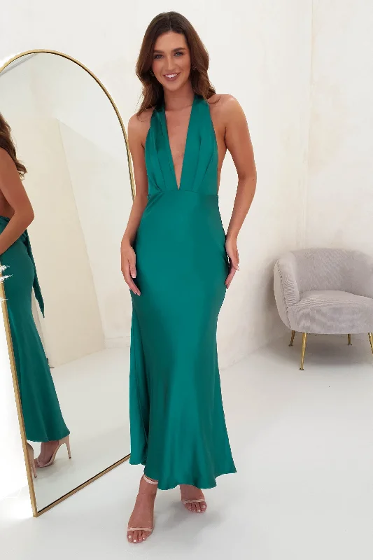 Kaylah Satin Halter Neck Maxi Dress | Green