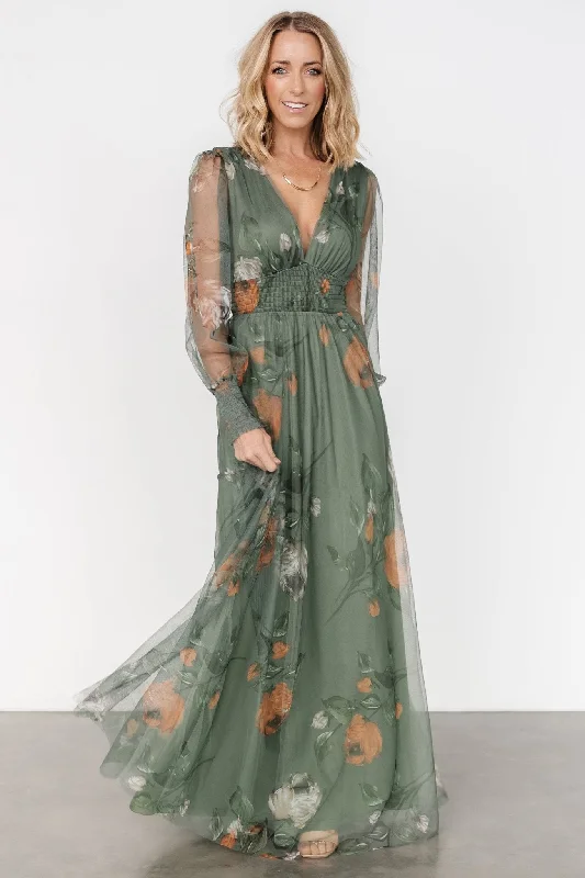 Layla Tulle Maxi Dress | Dusty Olive Floral