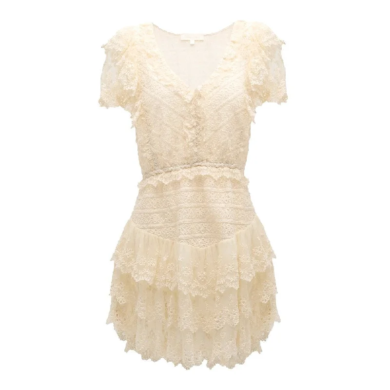 Loveshackfancy Women's Cerilo Tiered Ruffle Embroidered Lace Mini Dress, Cream