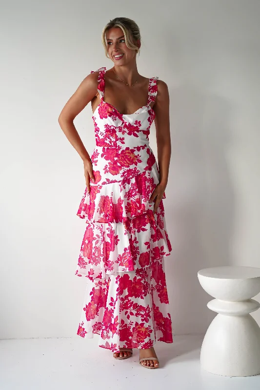 Madrid Ruffle Floral Maxi Dress | Red/White