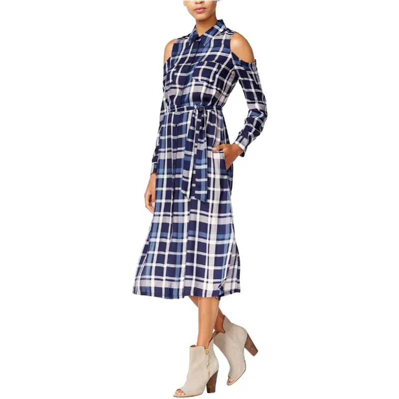 maison Jules Womens Cold-Shoulder Plaid Midi Shirt Dress, Blue, X-Large