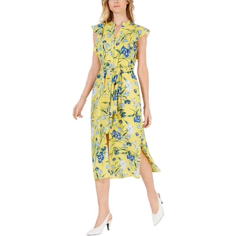 maison Jules Womens Printed Flutter Sleeve Midi Dress, Yellow, Medium