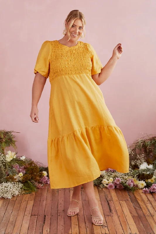 Minden Shirred Linen Dress in Golden Hour