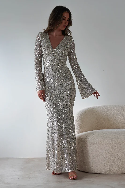 Nadalia Sequin Maxi Dress | Silver/Nude