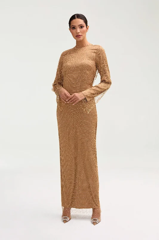 Naila Satin Crystal Mesh Maxi Dress - Champagne