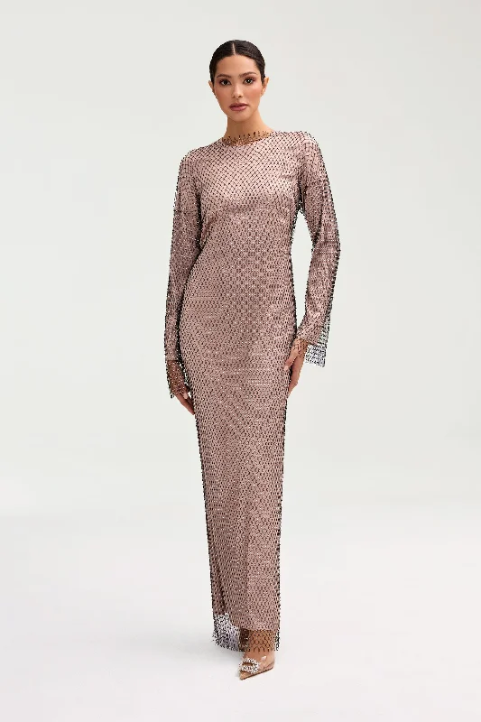 Naila Satin Crystal Mesh Maxi Dress - Pink Jasmine