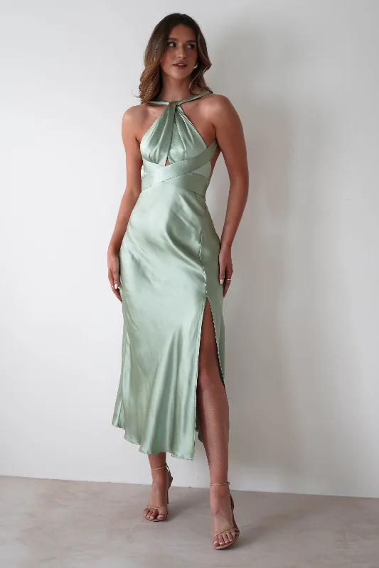 Olivia Soft Satin Midi Dress | Sage