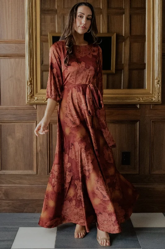 Paula Satin Maxi Dress | Terracotta Floral