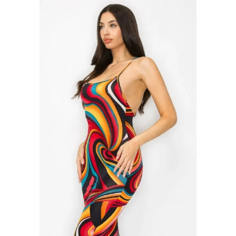 Polyester Crossed Back Marble Print Multicolor Midi Dress