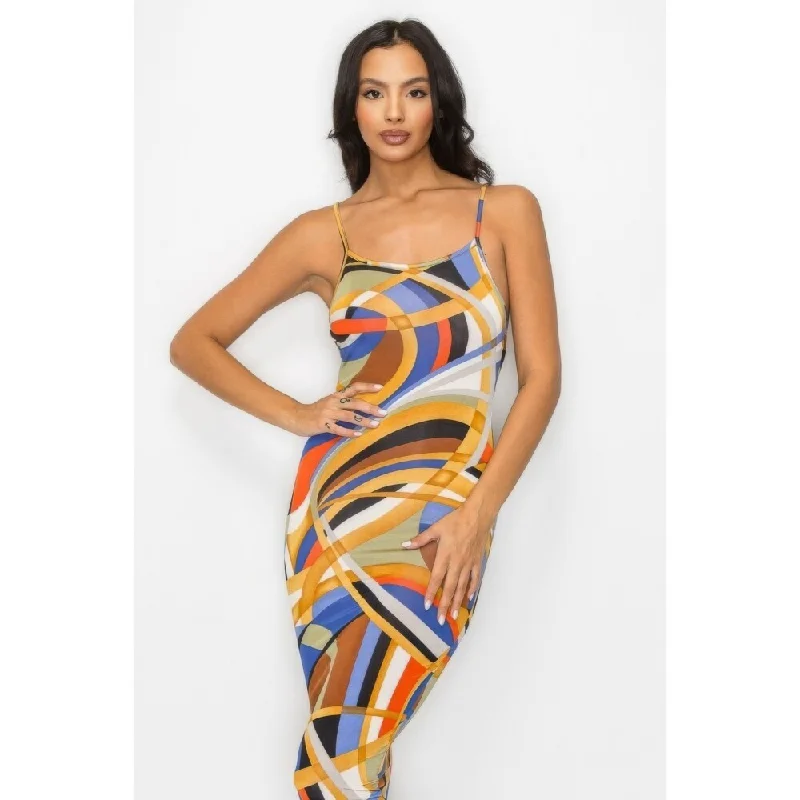 Polyester Crossed Back Marble Print Multicolor Midi Dress