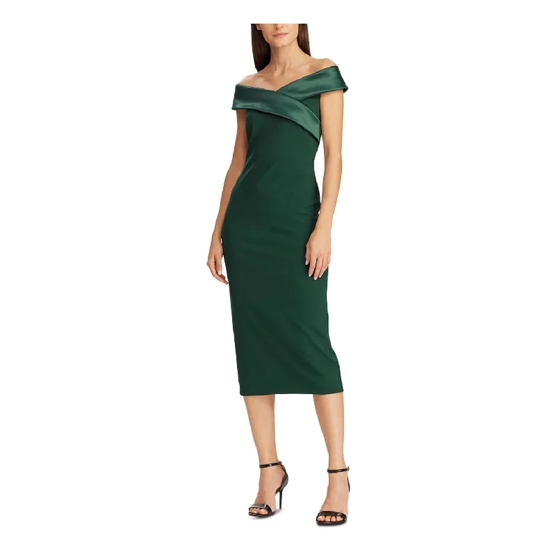 Ralph Lauren Women's Silk Sleeveless Off Shoulder Midi Body Con Cocktail Dress Green Size 12