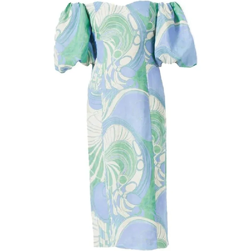 Rhode Women's Karima Linen Puff Sleeve Midi Dress, Periwinkle Deco Surf Grande