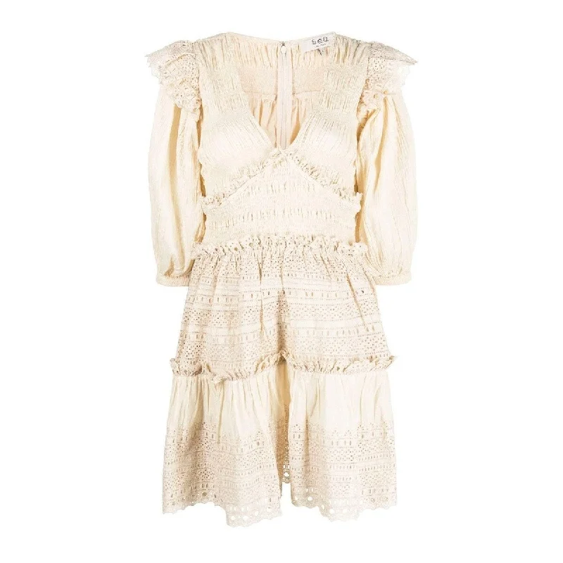 SEA NY Women's Cream Ivory Marley Smocked Eyelet Mini Dress