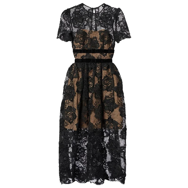 Self-Portrait Women's Lace Velvet Bow Midi Dress, Black