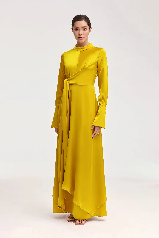 Serena Satin Side Tie Maxi Dress - Honey