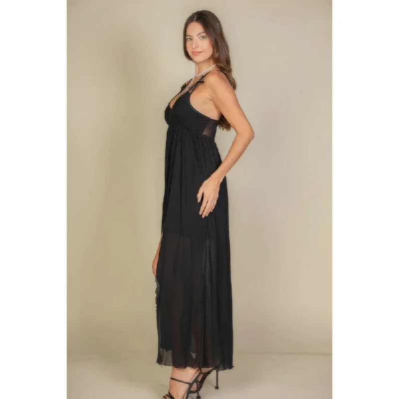 Sleeveless Plunge Neck Split Thigh Mesh Maxi Dress