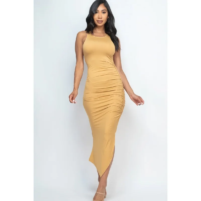 Sleeveless Ruched Side Split Maxi Dress