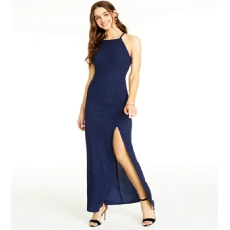 Speechless Women's Glitter Slitted Spaghetti Strap Square Neck Maxi Formal Dress Juniors All Blue Size 13 - 14