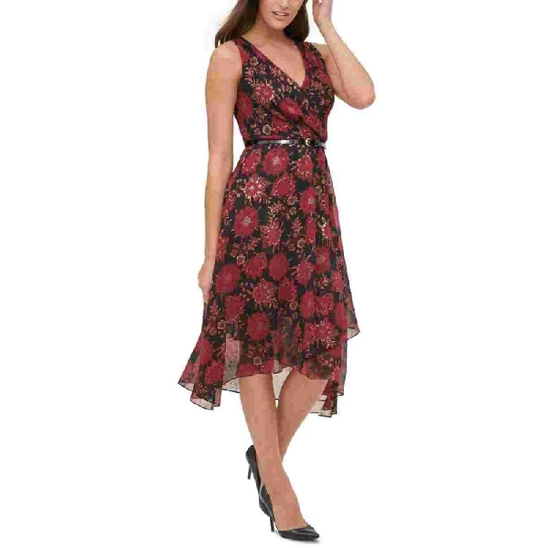 Tommy Hilfiger Women's Burgundy Belted Floral Sleeveless V Neck Midi Sheath Dress Red Size 12