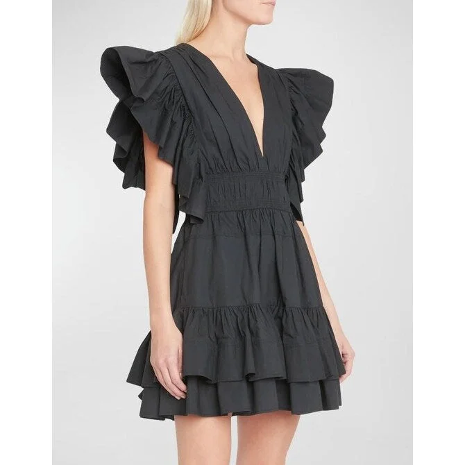 Ulla Johnson Women's Black Solid Cotton Kiri Tiered-Ruffle Mini Cotton Poplin Dress