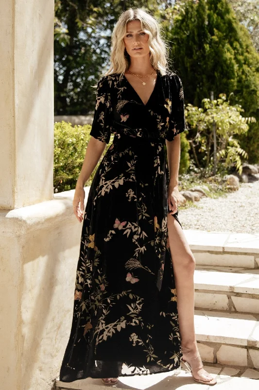 Uma Velvet Maxi Dress | Black Butterfly Print