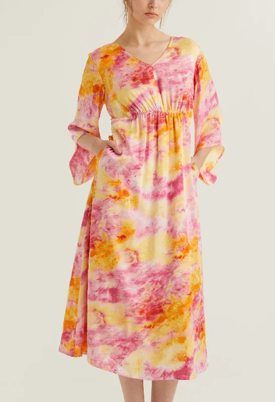 Watercolour Bell Sleeve Midi Dress