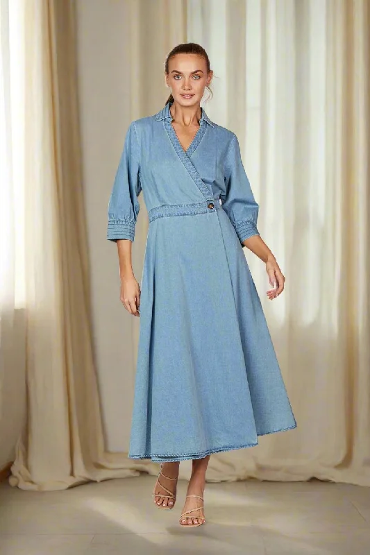 Wendy Chambray Wrap Dress in Light Wash