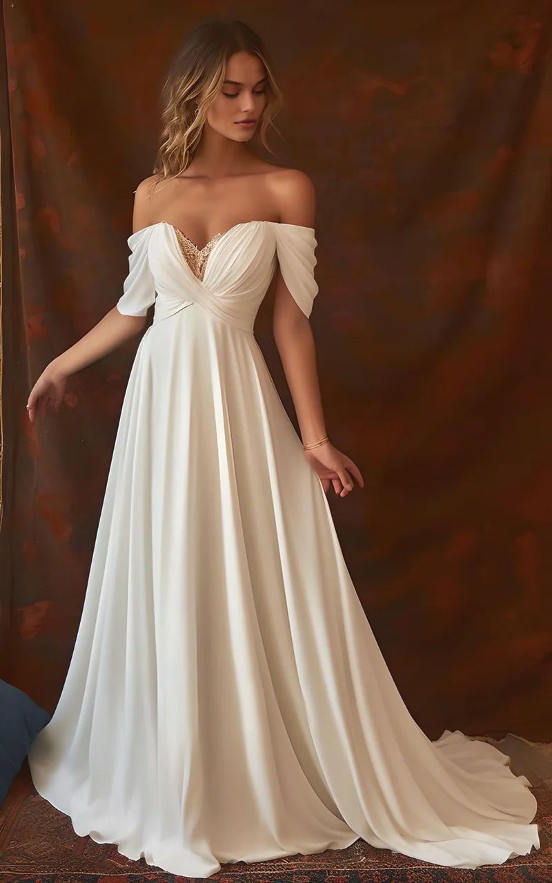 A-Line Chiffon Sleeveless Off-the-Shoulder Wedding Dress with Ruching