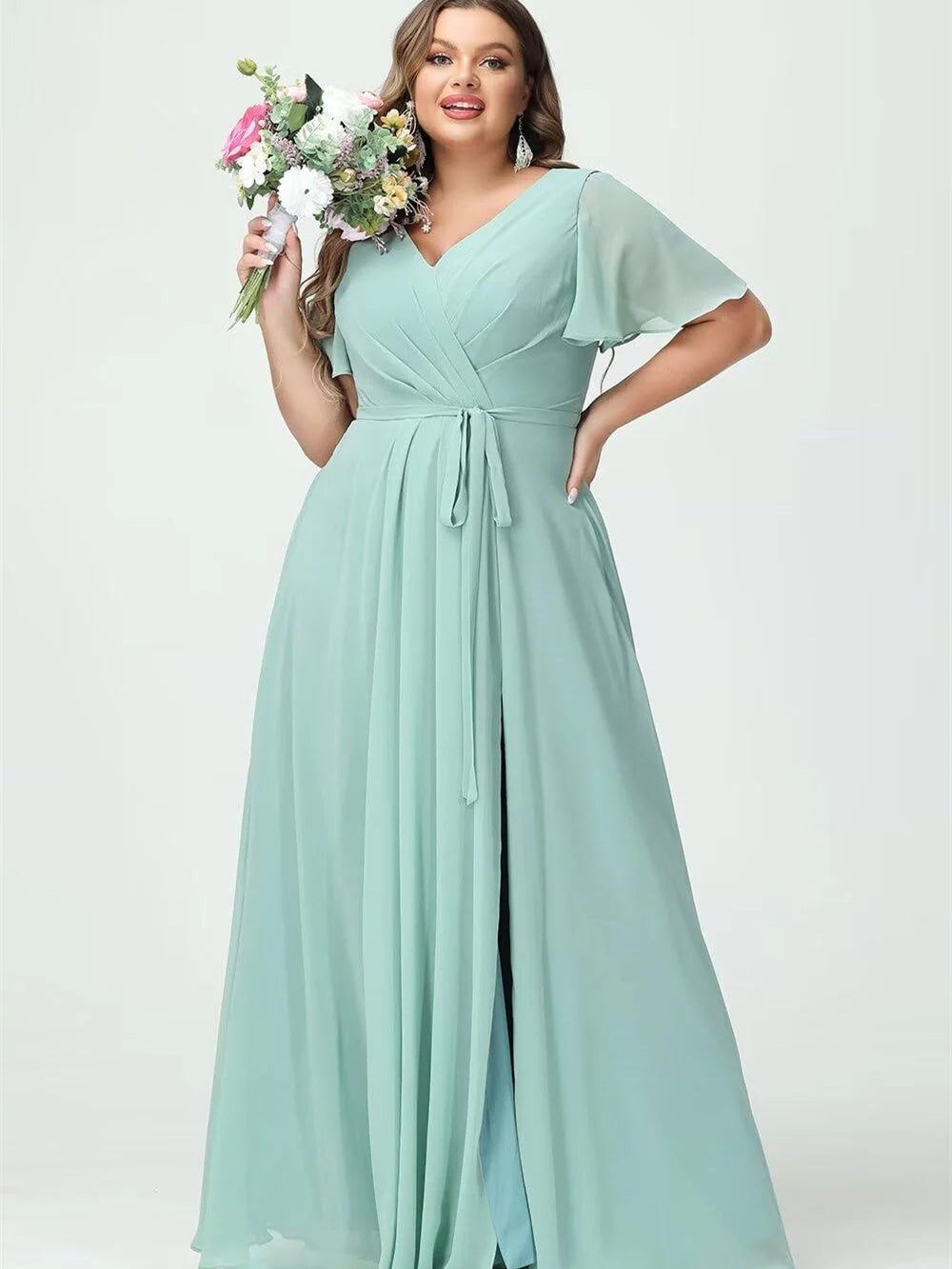 A Line Chiffon V-Neck Short Sleeves Floor-Length Bridesmaid Dresses With Slit